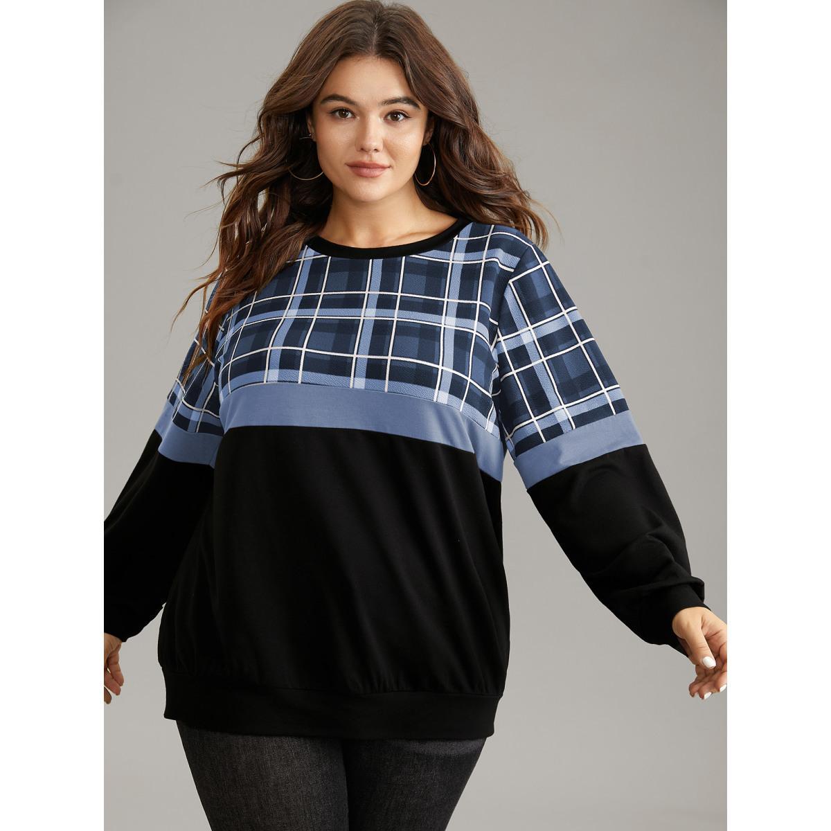 Plus Size Colorblock Plaid Contrast Crew Neck Sweatshirt Women Stone Casual Contrast Round Neck Dailywear Sweatshirts BloomChic 10/M Product Image