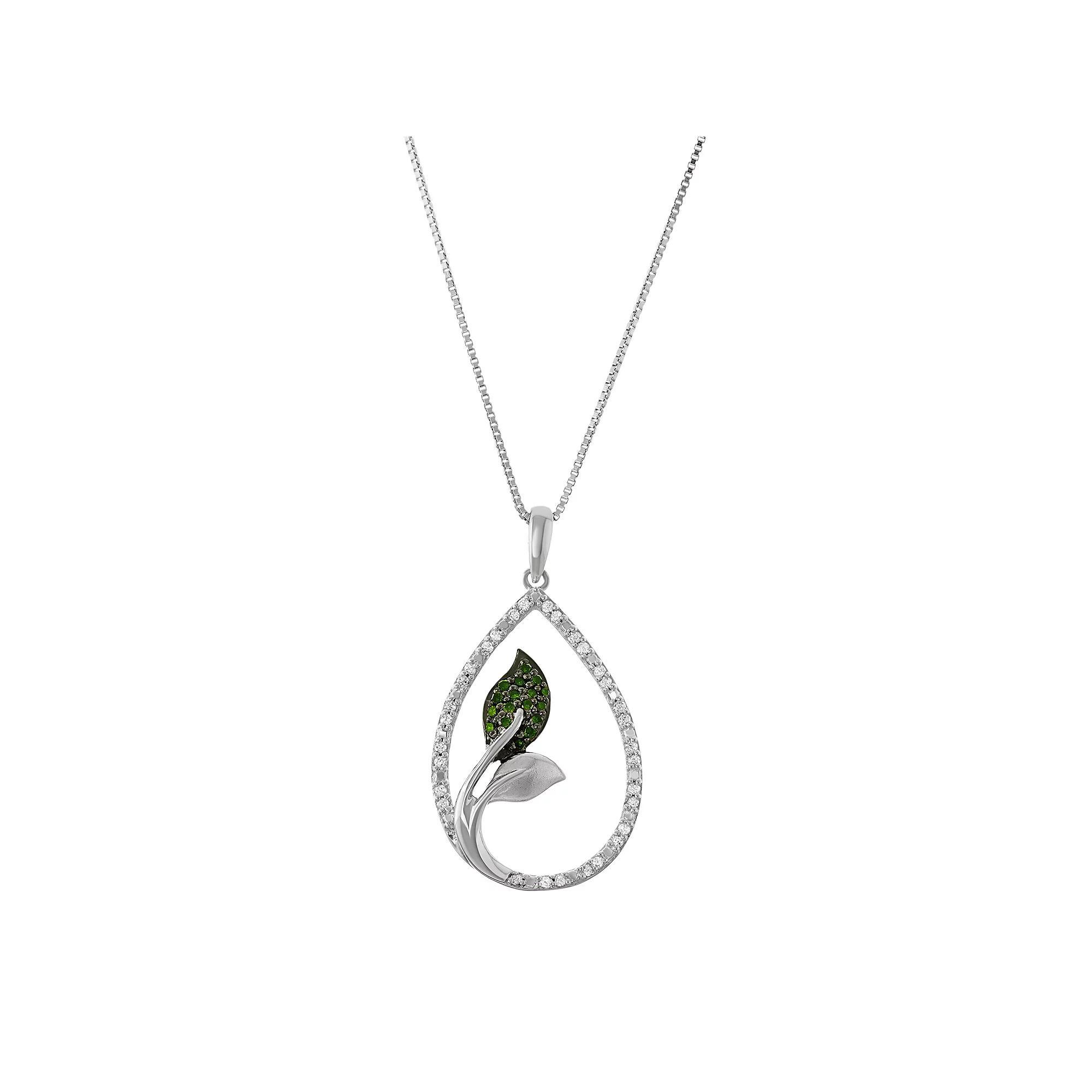 Sterling Silver 1/5 Carat T.W. Diamond Teardrop Leaf Pendant Necklace, Women's, Size: 18", Green Product Image