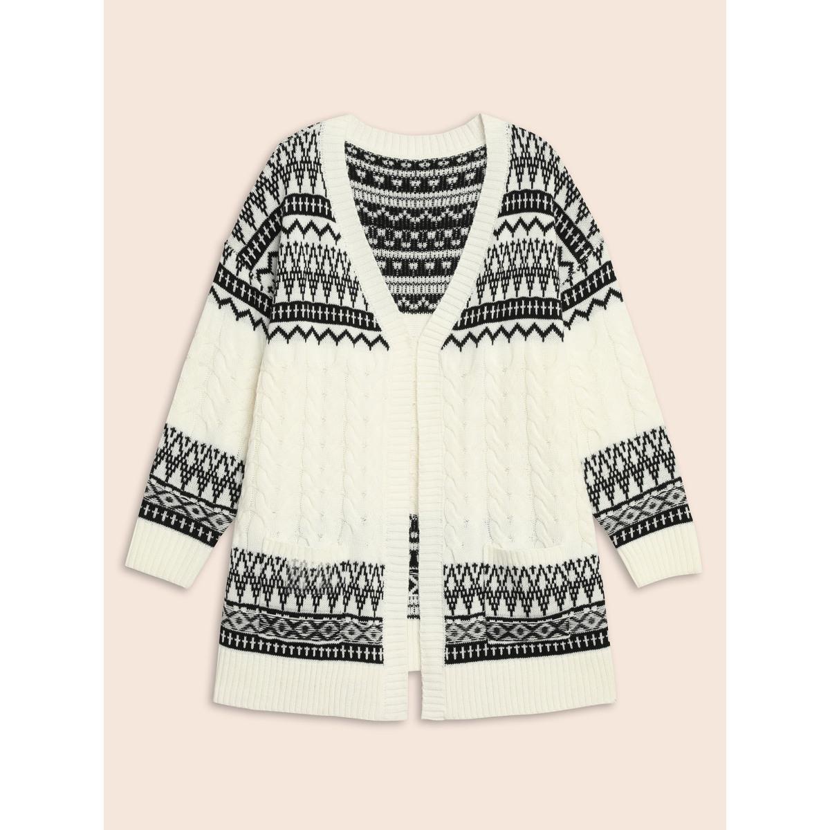 Plus Size Bandana Jacquard Cable Knit Pocket Cardigan Ivory Women Casual Loose Long Sleeve Everyday Cardigans BloomChic 10/M Product Image