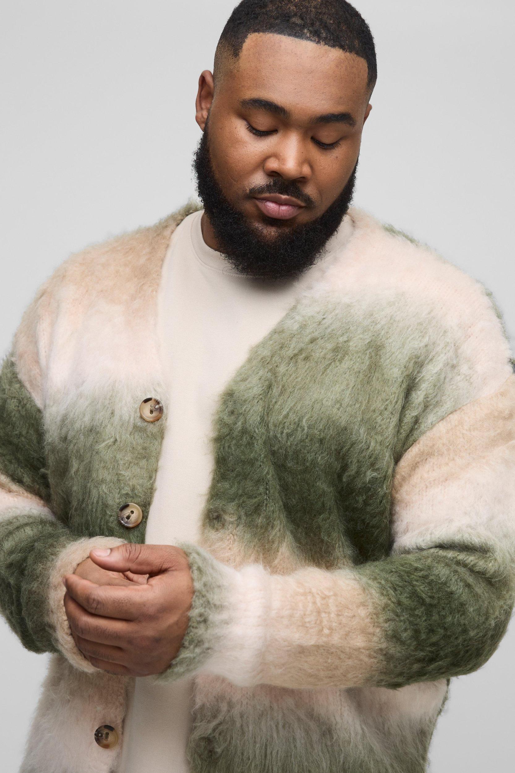 Plus Oversized Boxy Brushed Stripe Knitted Cardigan | boohooMAN USA Product Image