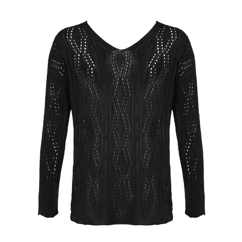 Long Sleeve V-Neck Plain Crochet Knit Loose-Fit Top Product Image