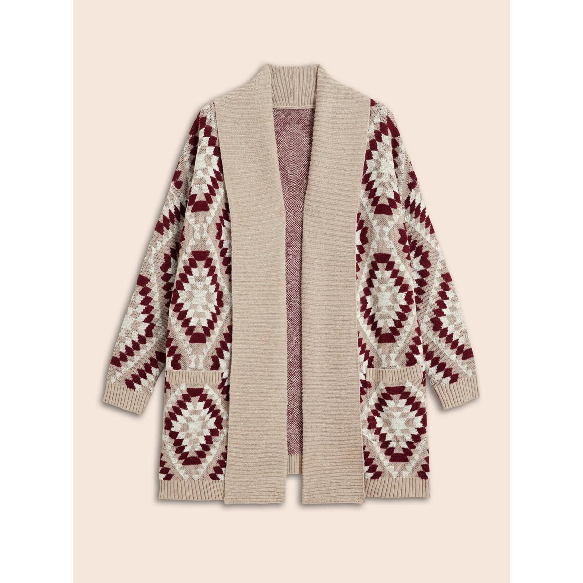 Plus Size Bandana Geometric Lapel Collar Cardigan LightBrown Women Casual Loose Long Sleeve Everyday Cardigans BloomChic 30/6X Product Image