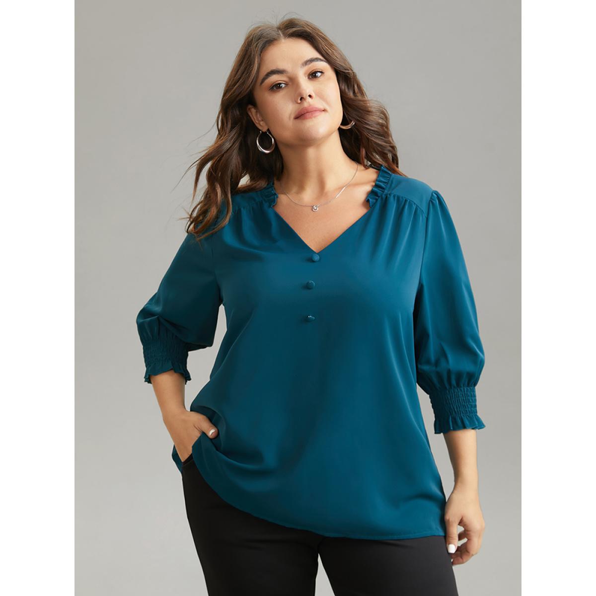 Plus Size Aegean Anti-Wrinkle Gathered Shirred Frill Trim Blouse Women Office Half Sleeve V-neck Work Blouses BloomChic 10/M Product Image