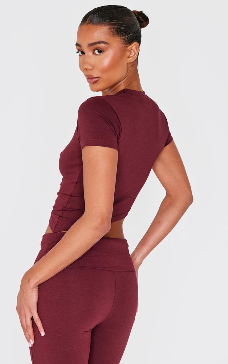 Burgundy Short Sleeve Asymmetrical Crop Top Product Image
