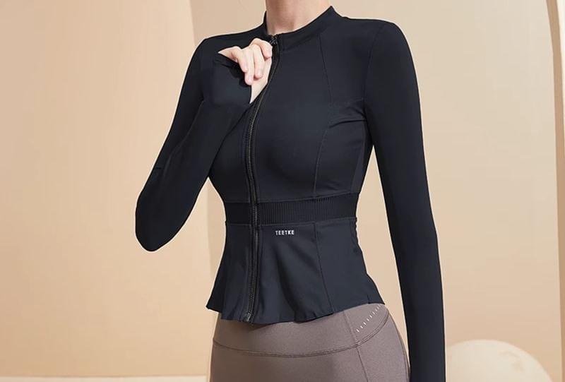 Long-Sleeve Zip-Up Plain Sports Top Product Image