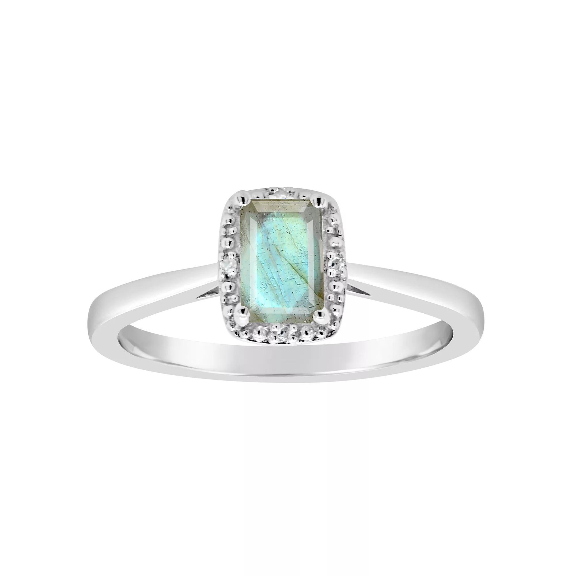 Celebration Gems Sterling Silver 6 mm x 4 mm Emerald Cut Labradorite & Diamond Accent Halo Ring, Women's Product Image