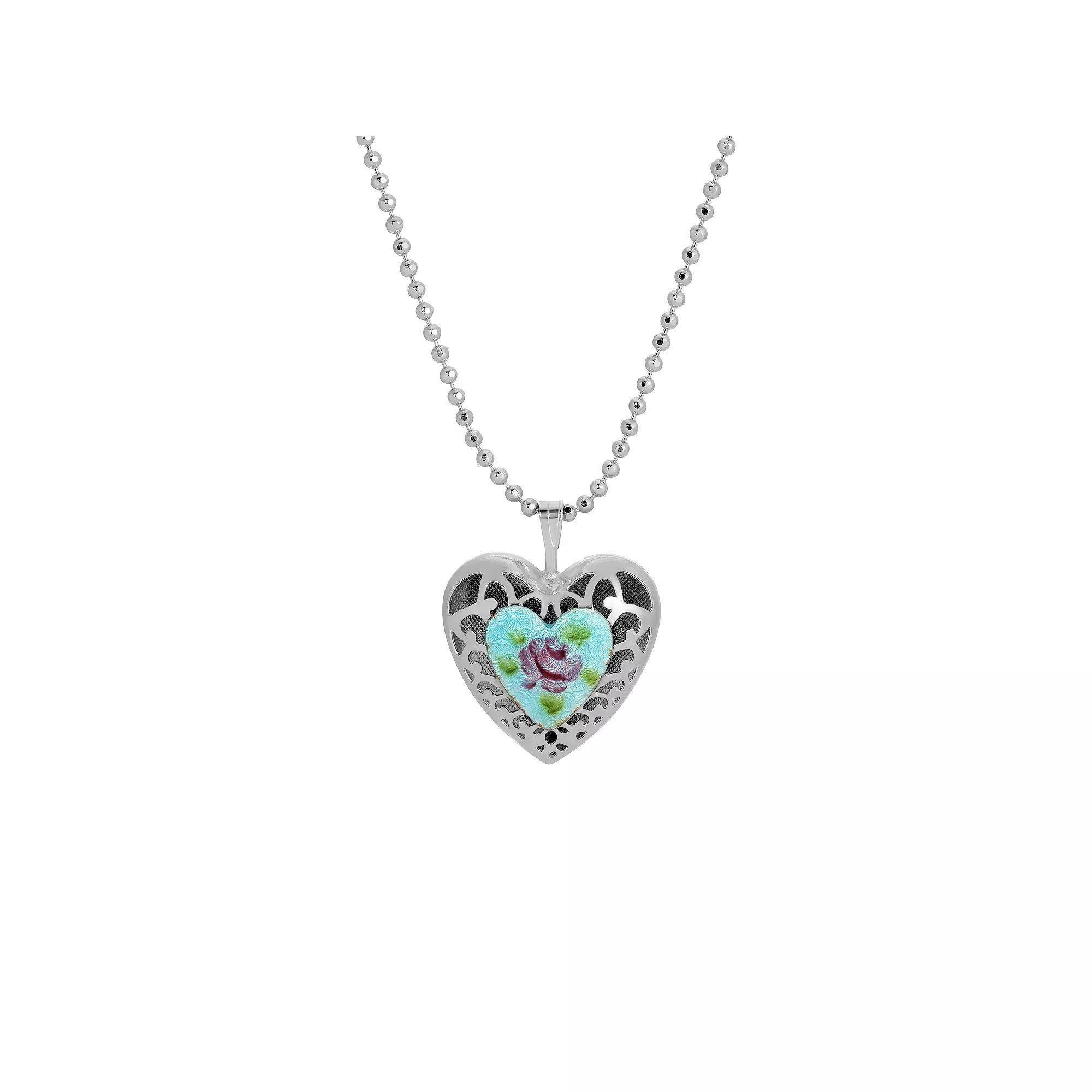 1928 Enamel Floral Heart Pendant Necklace, Womens, Turquoise Product Image