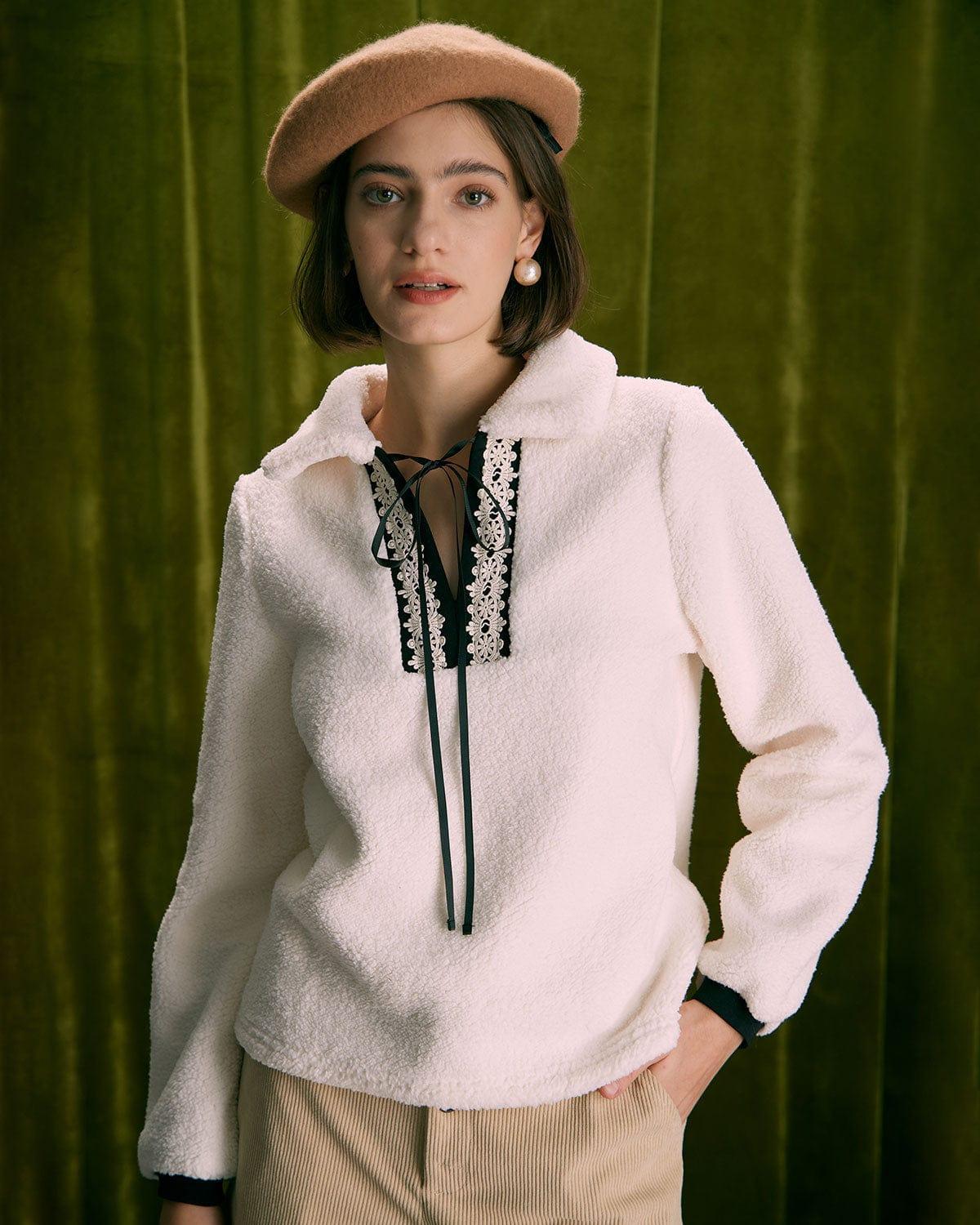 The Beige V Neck Spliced Teddy Sweatshirt Product Image