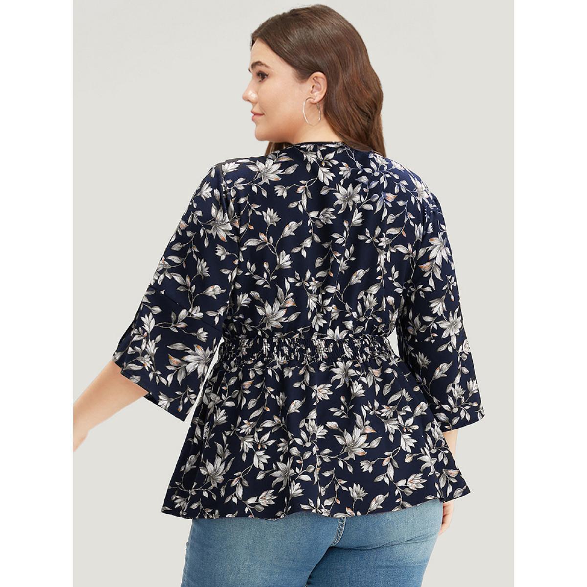 Plus Size Indigo Floral Print Shirred Button Detail V Neck Petal Sleeve Blouse Women Vacation Half Sleeve V-neck Dailywear Blouses BloomChic 30/6X Product Image