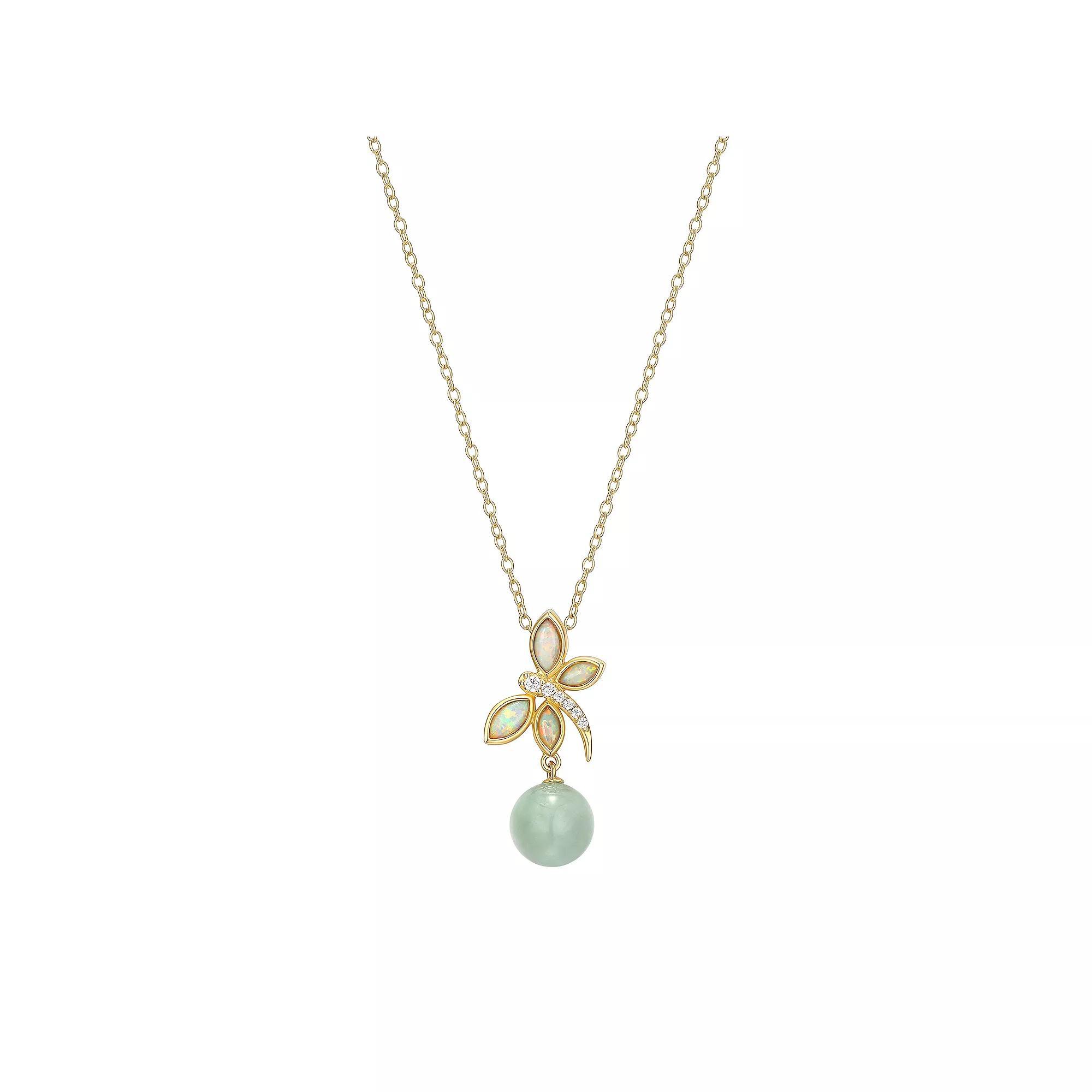 Dynasty Jade 18k Gold Over Silver Lab-Created Opal Dragonfly & Green Jade Bead Necklace, Women's, Size: 18", Sterling Product Image
