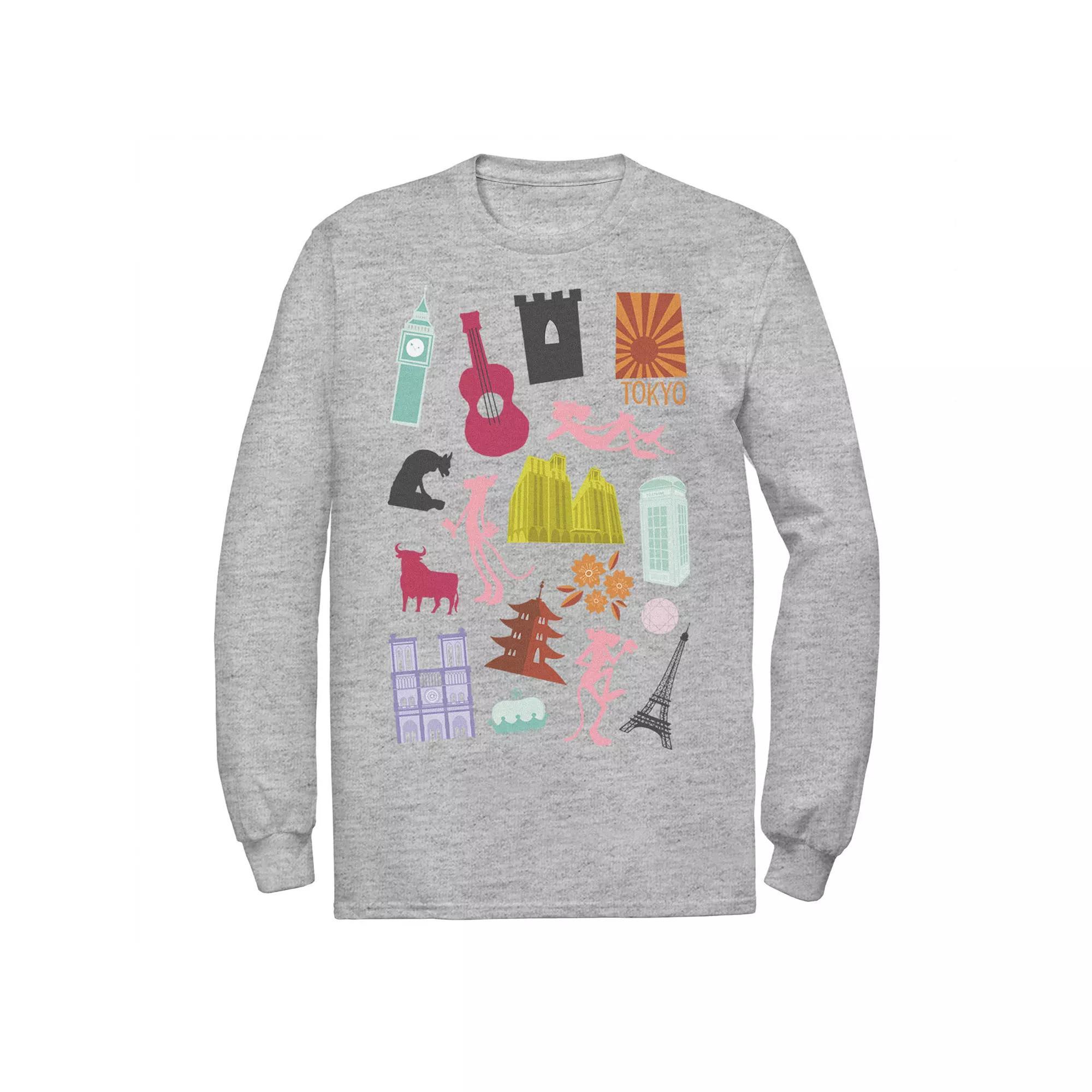 Men's Pink Panther Around The World Doodles Tee, Size: Small, Athletic Grey Product Image