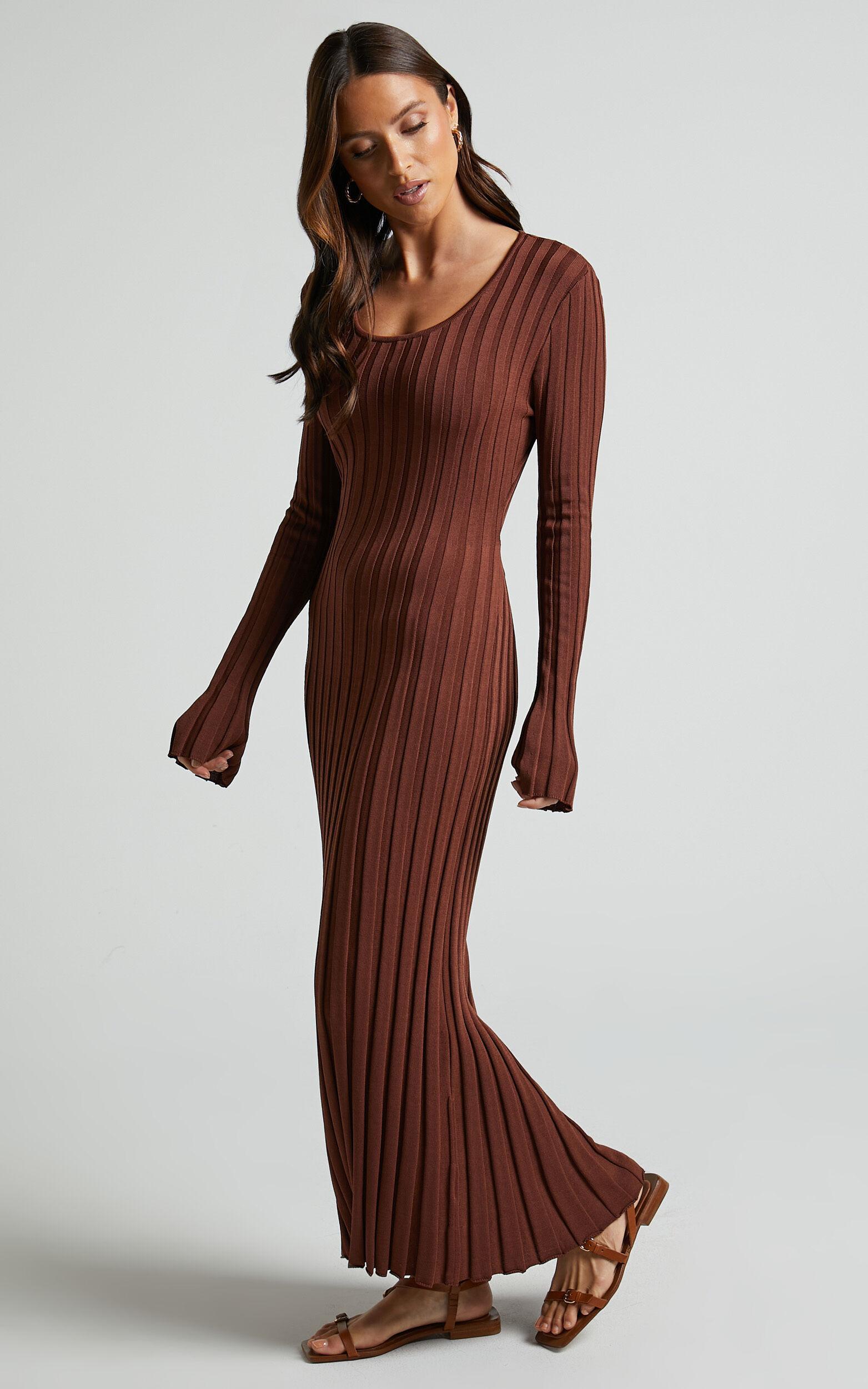 Blaire Midi Dress - Long Sleeve Tie Back Flare Dress in Chocolate Product Image