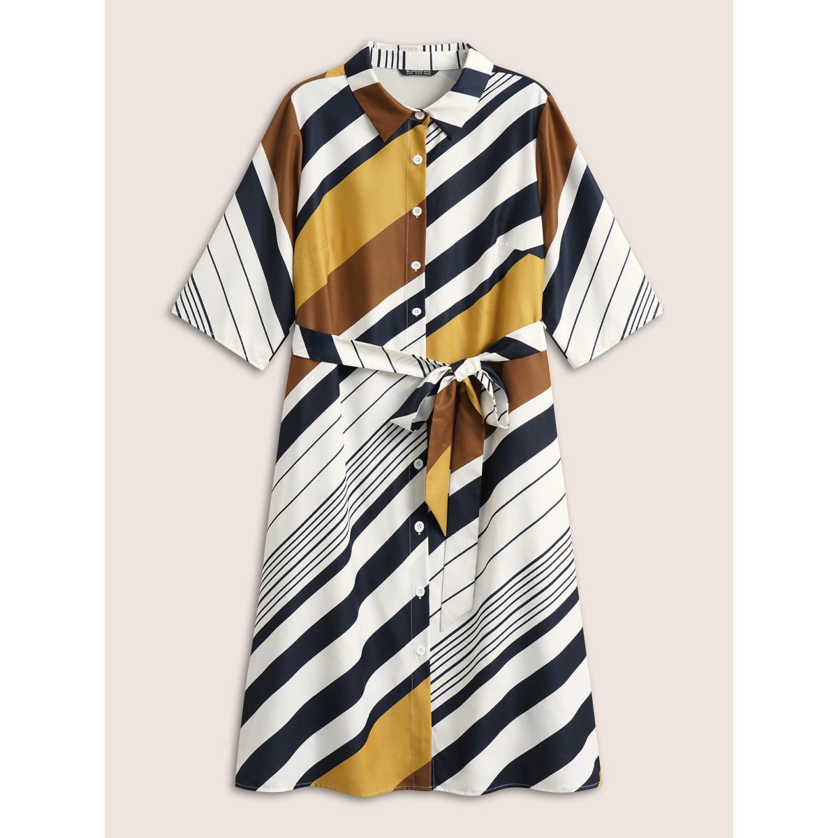 Plus Size Striped Colorblock Contrast Belted Dress Yellow Women At the Office Non Shirt collar Long Sleeve Curvy Midi Dress BloomChic 14-16/1X Product Image
