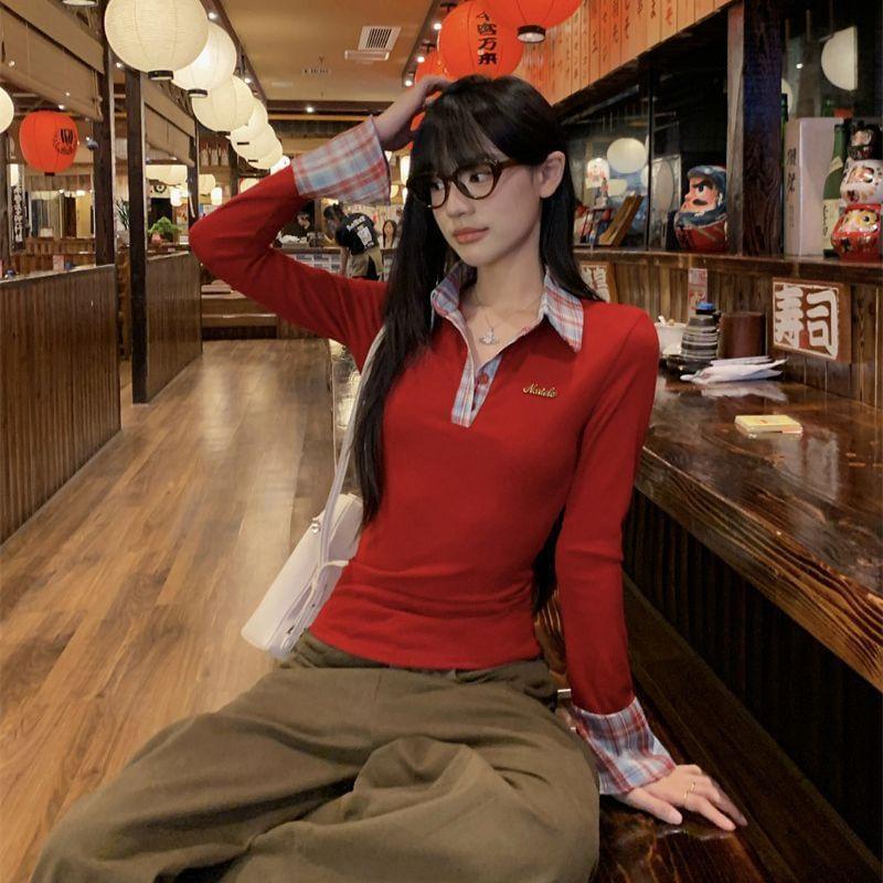 Long Sleeve Collared Plaid Mock Two Piece Half Placket Top Product Image