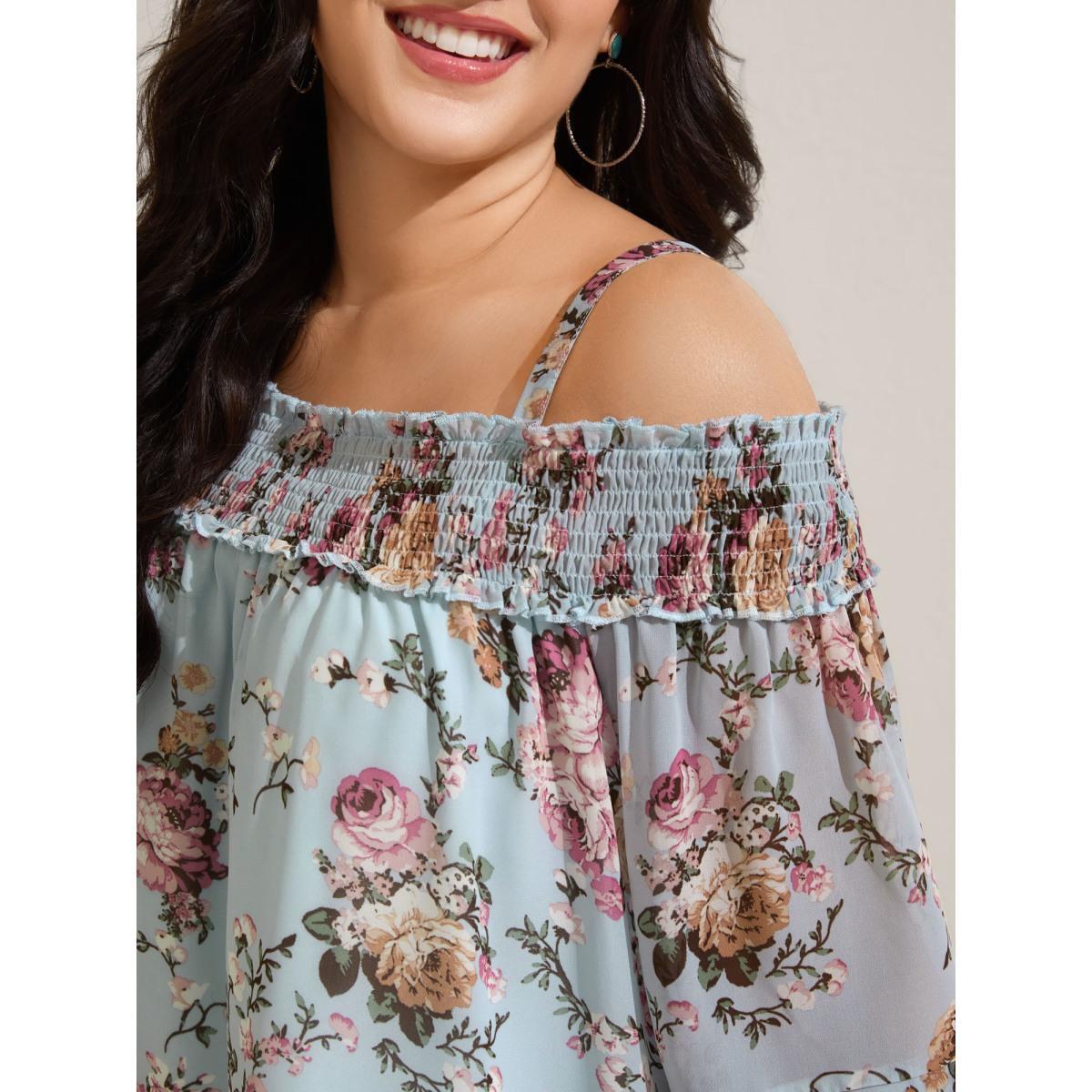 Plus Size LightBlue Shirred Off-Shoulder Chiffon Floral Blouse Women Elbow-length sleeve One-shoulder neck Vacation Blouses BloomChic 10/M Product Image