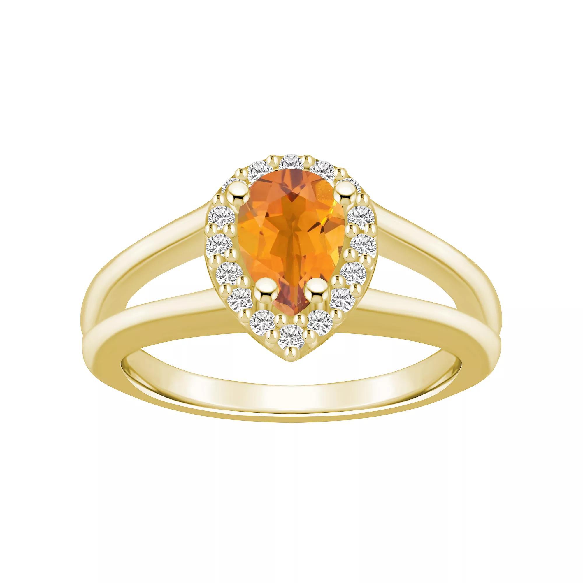 Alyson Layne 10k White Gold Pear Shape Gemstone 1/6 Carat T.W. Diamond Halo Ring, Women's, Size: 8, Citrine Product Image
