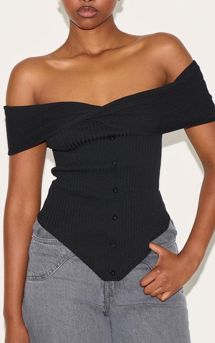 Black Rib Knit Twist Bardot Button Through Top Product Image