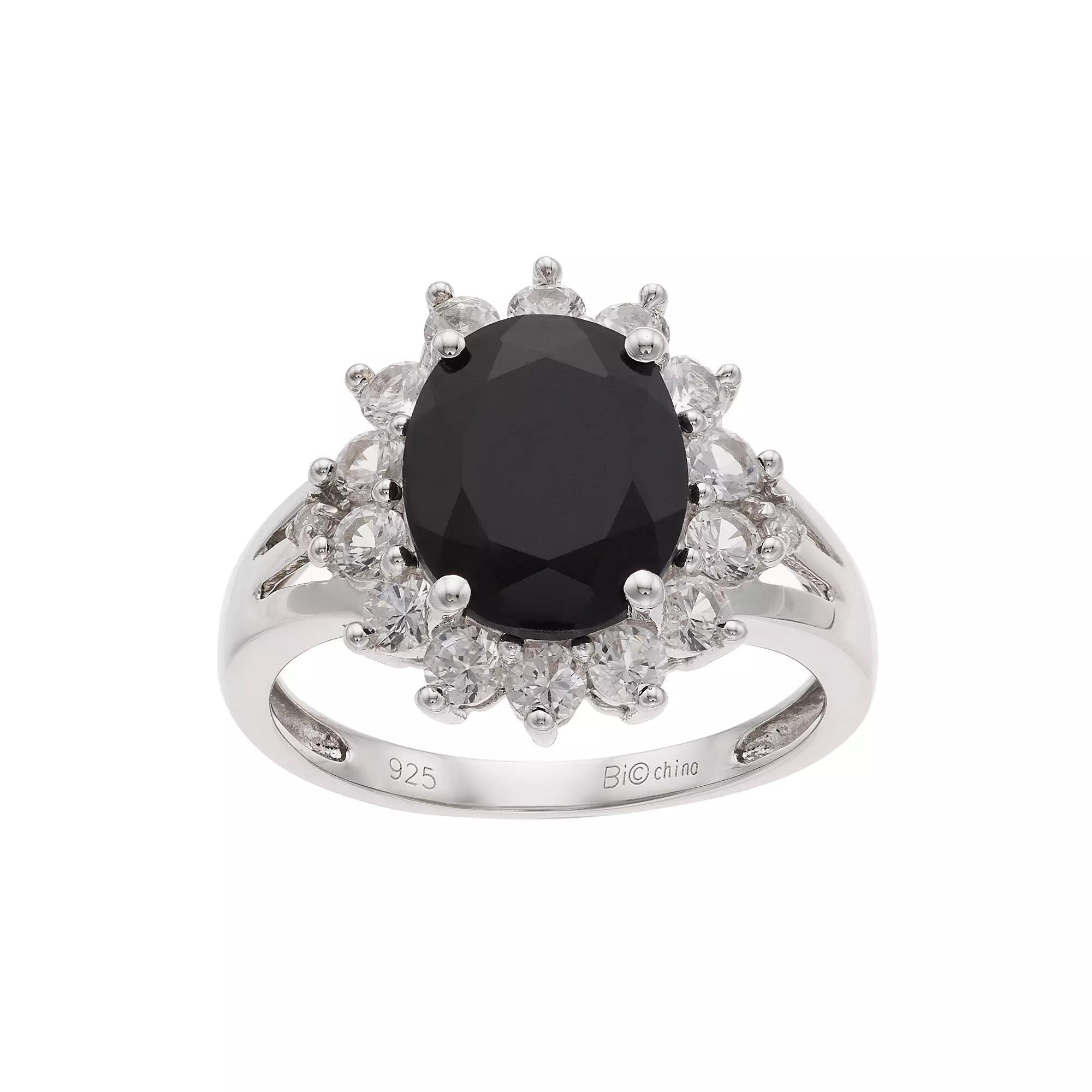 Gemminded Sterling Silver Onyx & Lab-Created White Sapphire Split Shank Ring, Women's, Size: 7 Product Image