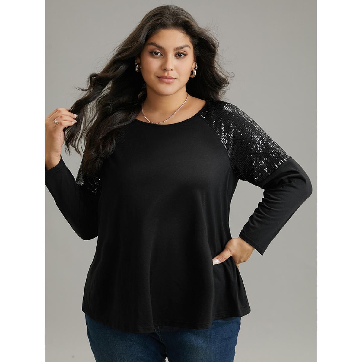 Plus Size Sequin Patchwork Raglan Sleeve T-shirt Black Women Elegant Sequin Galaxy Round Neck Dailywear T-shirts BloomChic 30/6X Product Image