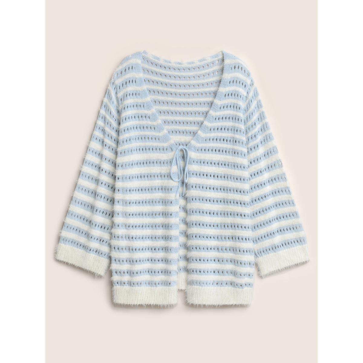 Plus Size Striped Contrast Ties Front Eyelet Cardigan LightBlue Women Casual Long Sleeve Everyday Cardigans BloomChic 22-24/3X Product Image