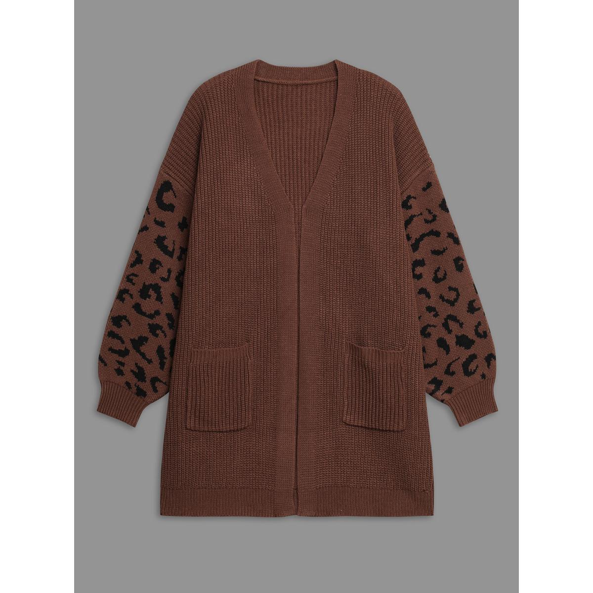 Plus Size Leopard Print Patchwork Lantern Sleeve Cardigan Browncoffeecolor Women Casual Loose Long Sleeve Everyday Cardigans BloomChic 14-16/1X Product Image