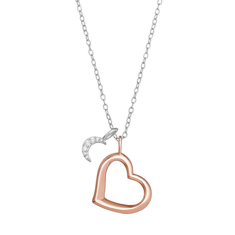 PRIMROSE Sterling Silver Cubic Zirconia Moon & Polished Open Heart Pendant Necklace, Womens, Two Tone Pink Clear Product Image