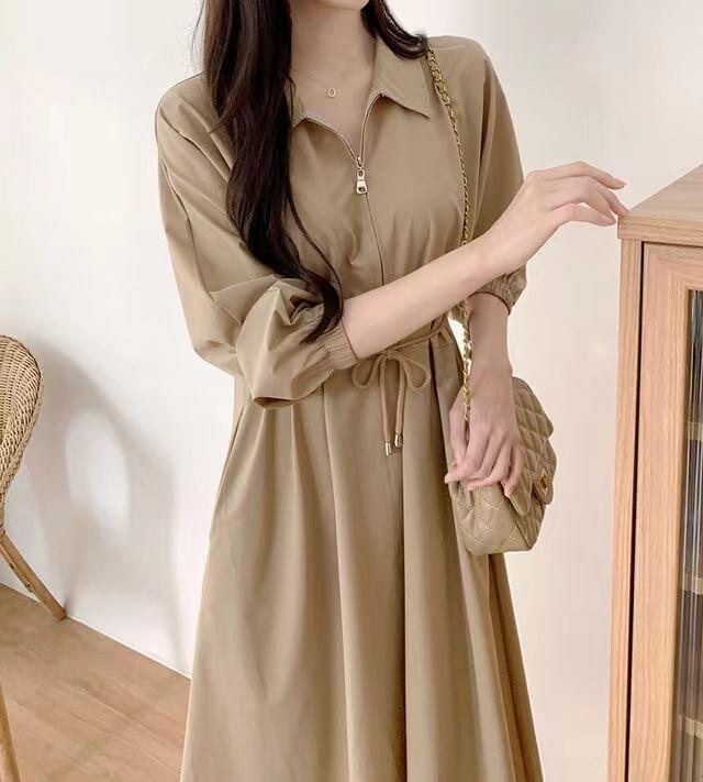 Long-Sleeve Half Zip Plain Maxi A-Line Dress Product Image