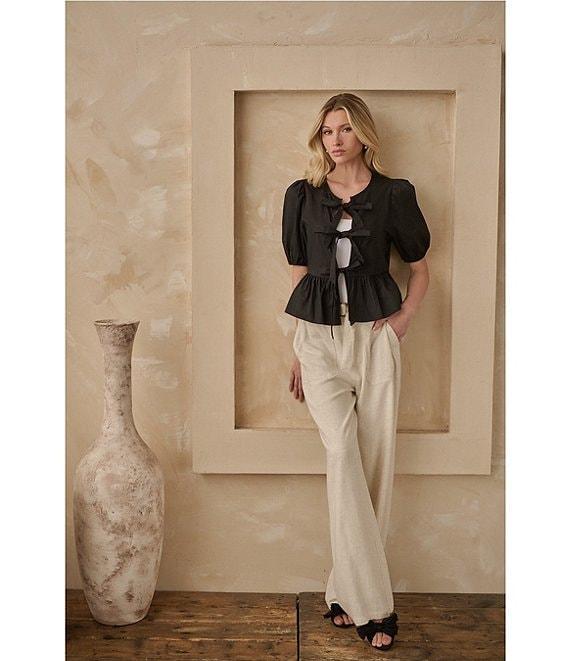 Sugarlips Tie Front Short Puff Sleeve Peplum Poplin Top Product Image