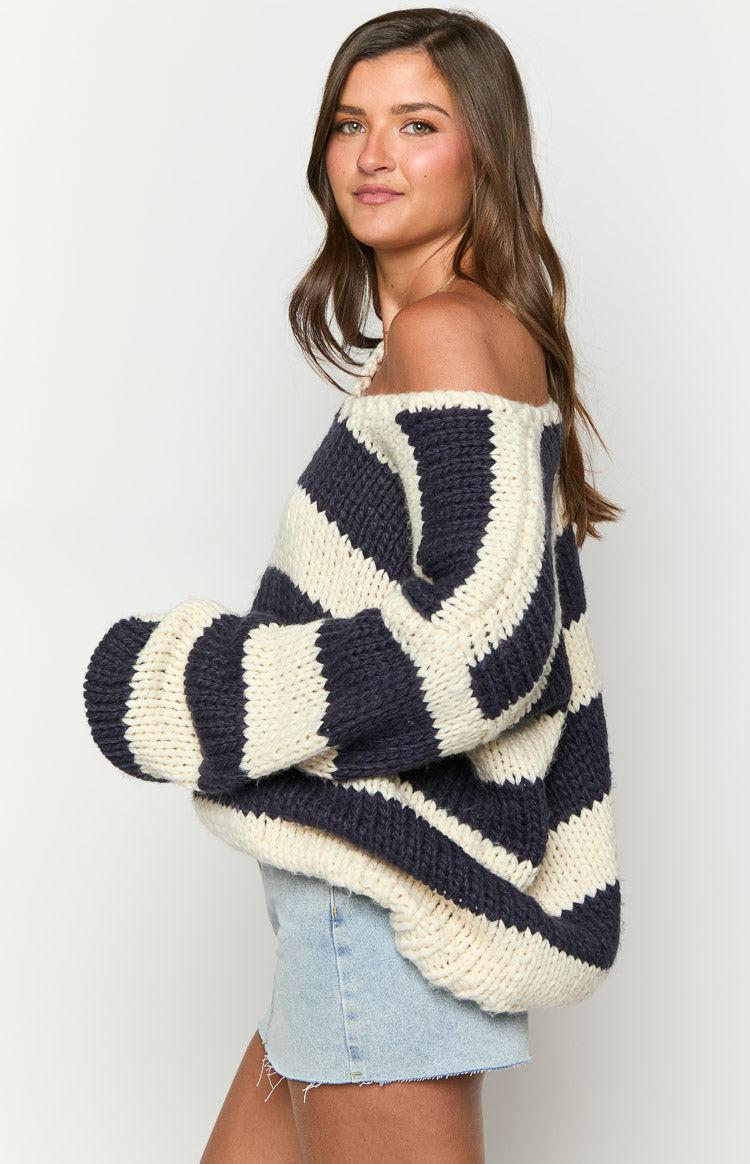 Delvey Navy Striped Chunky Knit Sweater Product Image