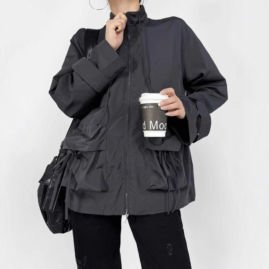 Stand Collar Plain Drawstring Zip Jacket Product Image