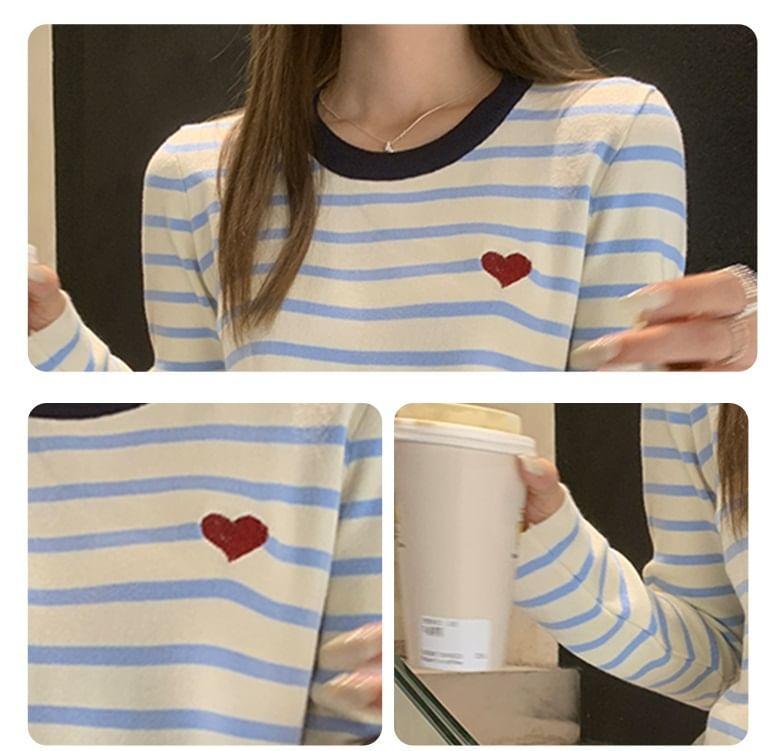 Long-Sleeve Round Neck Striped Heart Bow Embroidered Knit Top Product Image