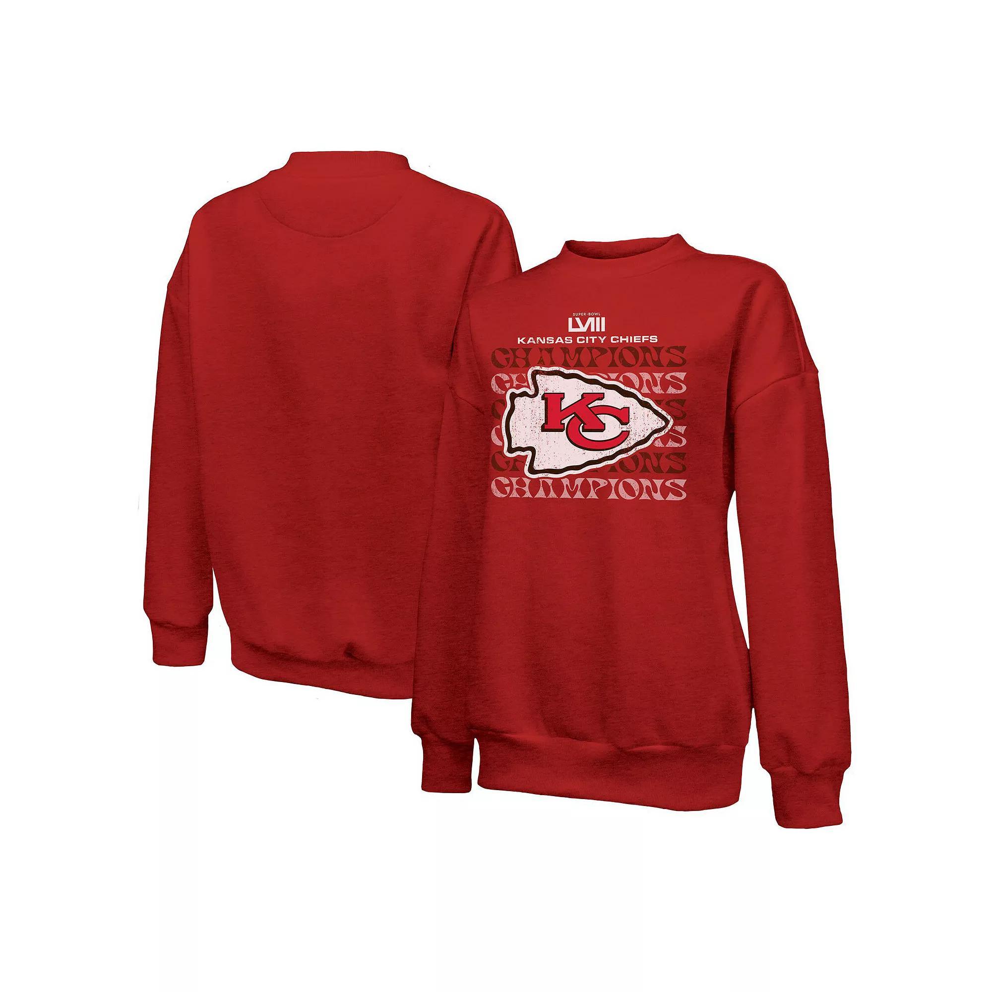 Women's Majestic Threads  Red Kansas City Chiefs Super Bowl LVIII Champions Retro Repeat Pullover Sweatshirt, Size: 2XL Product Image