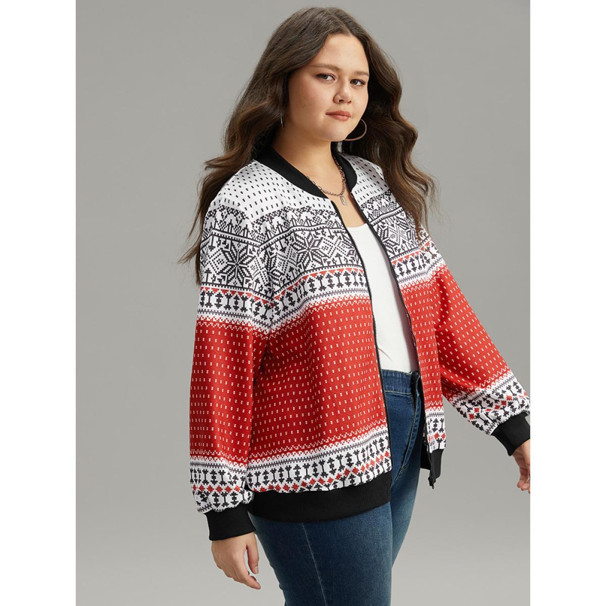 Plus Size Christmas Patchwork Zipper Contrast Jacket Women Red Elastic cuffs Dailywear Jackets BloomChic 18-20/2X Product Image