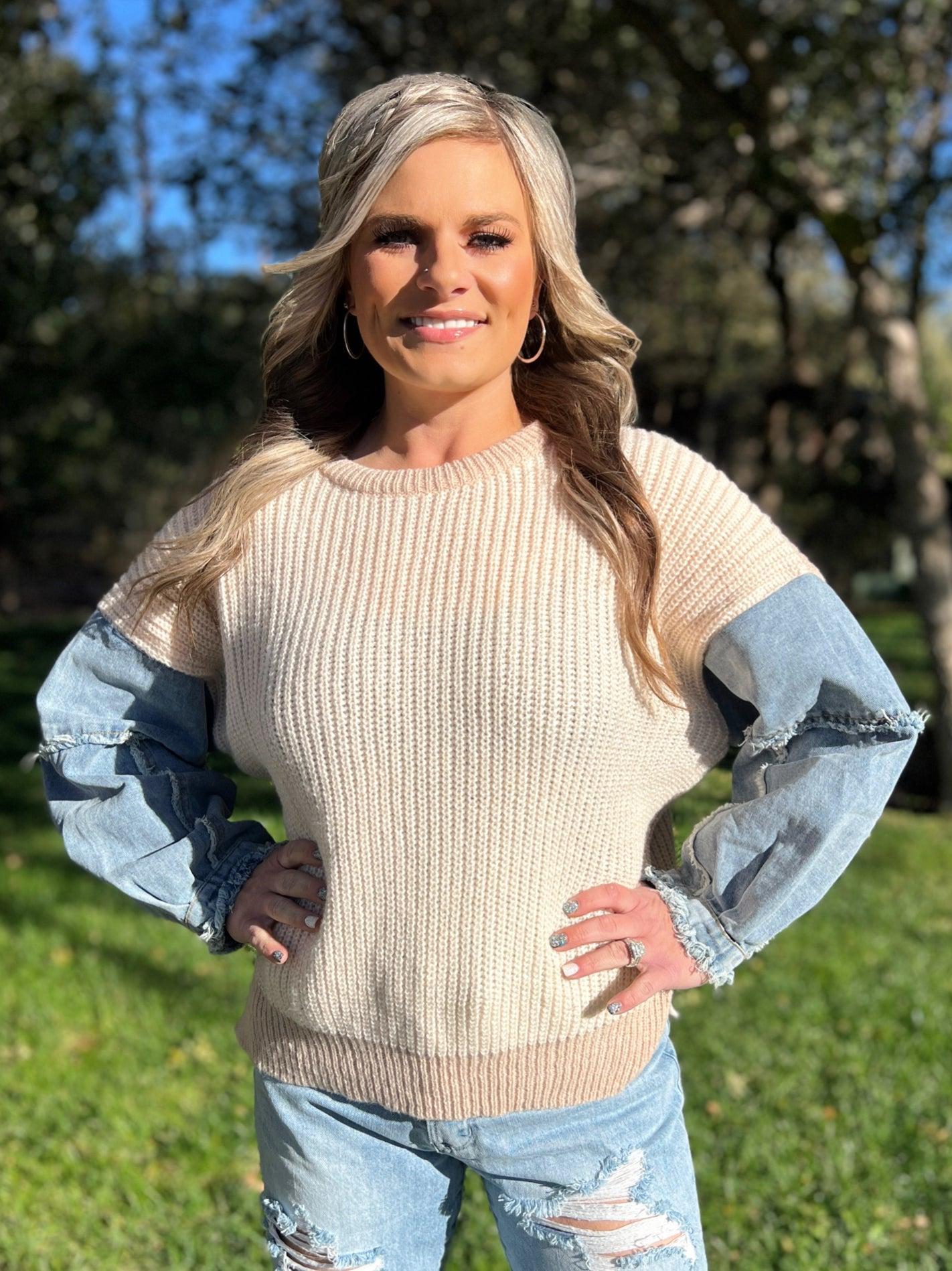 Frayed Denim Sleeve Sweater Top - 4 Color Options* Product Image