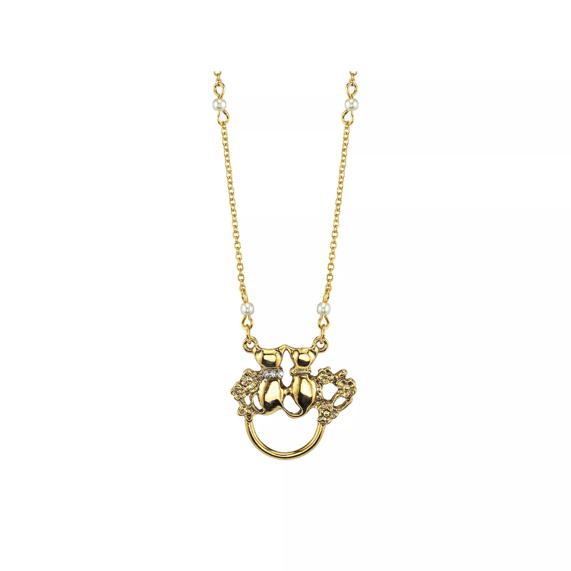 1928 Jewelry Simulated Pearl & Crystal Cat Motif Pendant Necklace, Womens, Gold Tone Product Image
