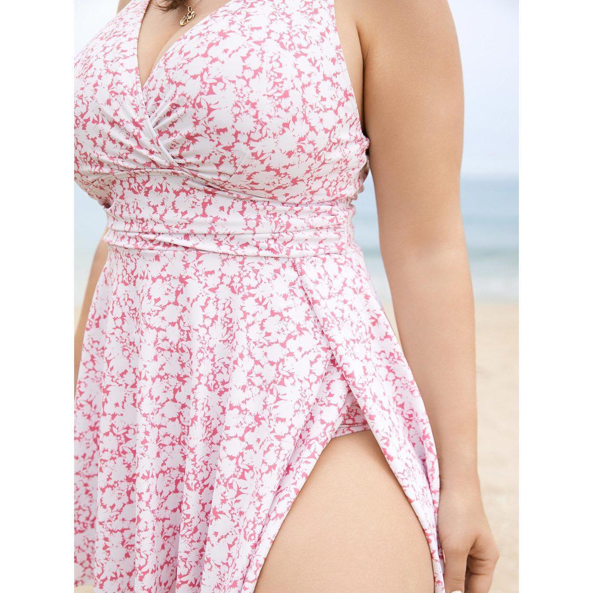 Plus Size Ditsy Floral Halter Neck Split Hem Swim Dress Women's Swimwear Rouge Beach Bodycon V-neck High stretch Curve Swim Dresses BloomChic 12/L Product Image