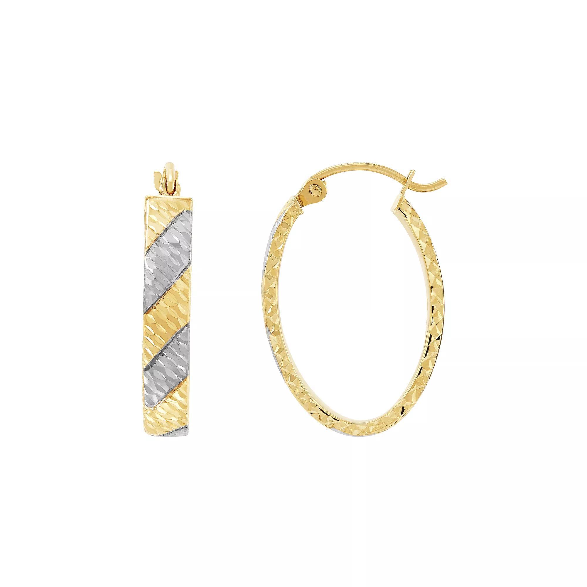 Everlasting Gold 10k Gold Diamond Cut Oval Rhodium Striped Hoop Earrings, Women's Product Image