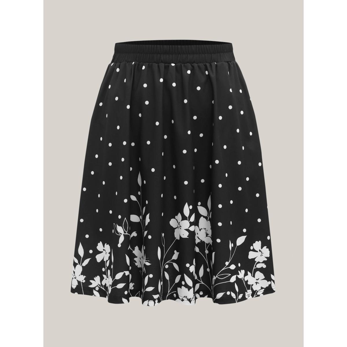 Plus Size Floral Print Pleated Midi Skirt Women BlackFlower Elegant Bodycon Low stretch Slanted pocket Everyday-Elegant Skirts BloomChic 30/6X Product Image
