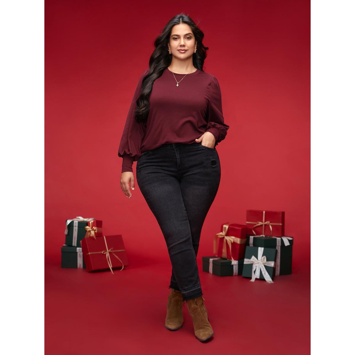 Plus Size Round Neck Balloon Sleeves A-line Tee Burgundy Women Elegant Gathered Round Neck Everyday T-shirts BloomChic 28/5X Product Image