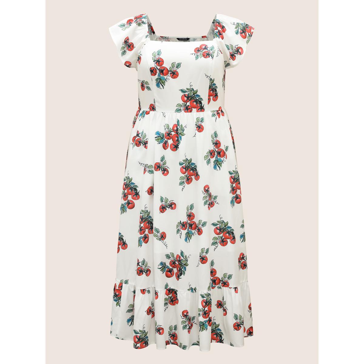Plus Size Tomato Print Square Neck Ruffle Cap Sleeve Dress Originalwhite Women Elegant Ruffles Square Neck Cap Sleeve Curvy BloomChic 28/5X Product Image