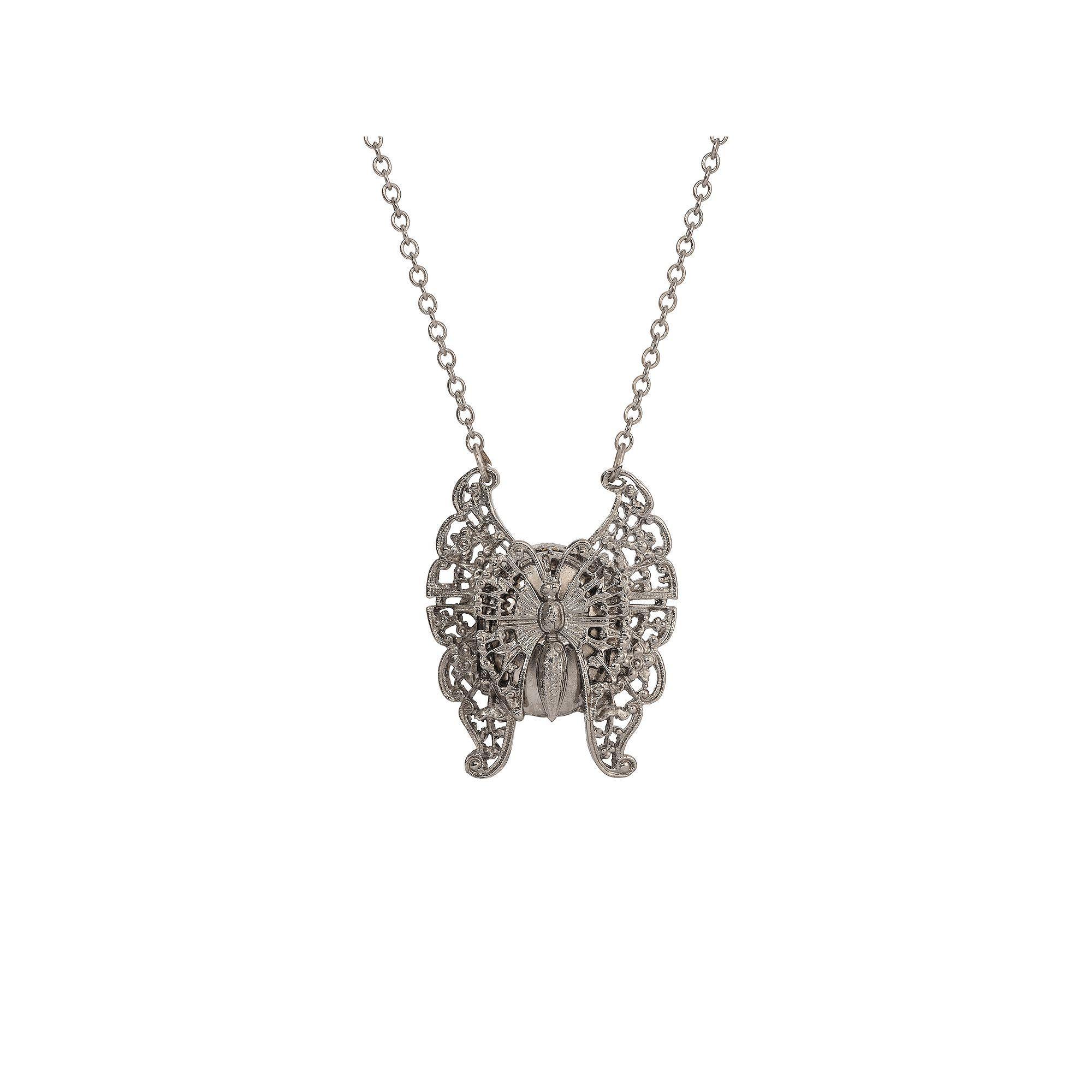 1928 Silver Tone Butterfly Locket Pendant Necklace, Womens, Gray Product Image