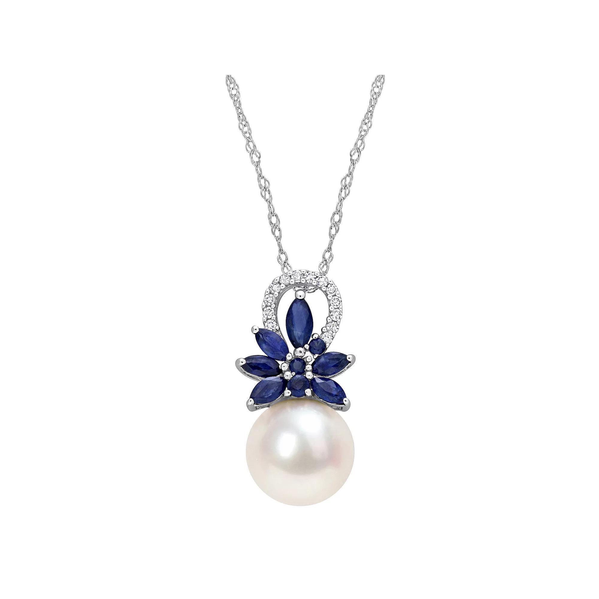 Stella Grace 14k White Gold Freshwater Cultured Pearl, Sapphire & Diamond Accent Flower Pendant Necklace, Women's, Size: 17" Product Image