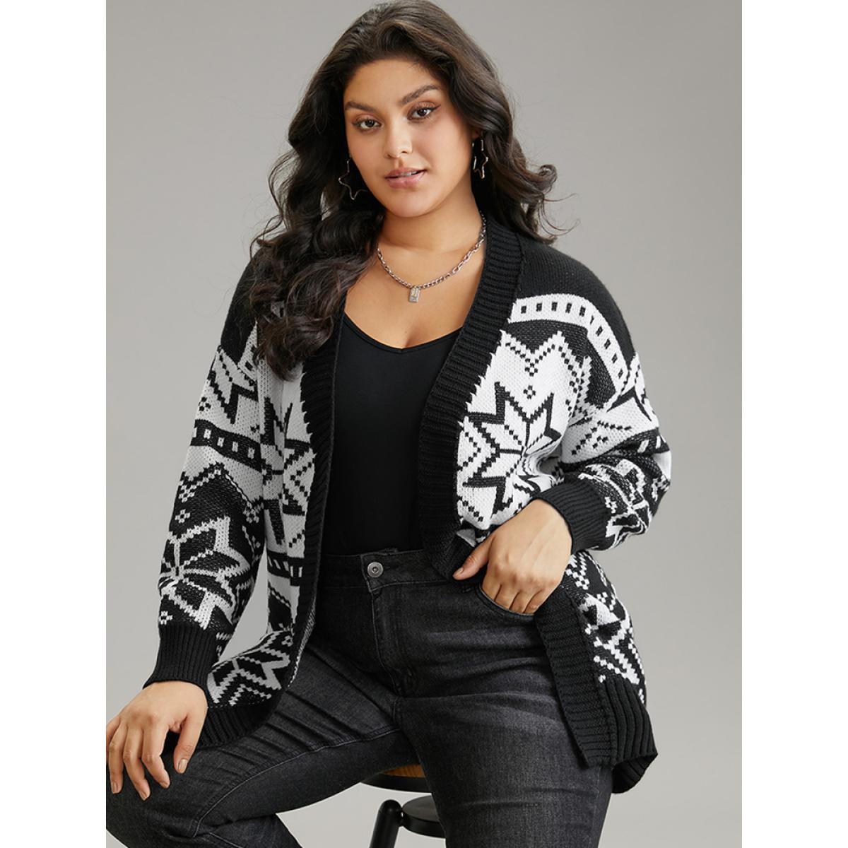 Plus Size Boho Print Open Front Jacquard Cardigan Black Women Casual Loose Long Sleeve Everyday Cardigans BloomChic 18-20/2X Product Image