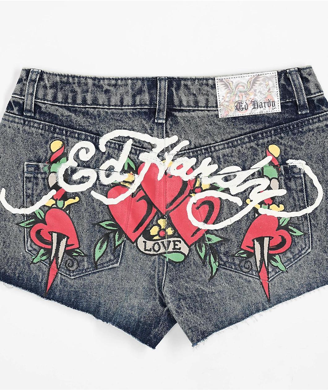 Ed Hardy Heart Dagger Blue Wash Denim Cutoff Shorts Product Image