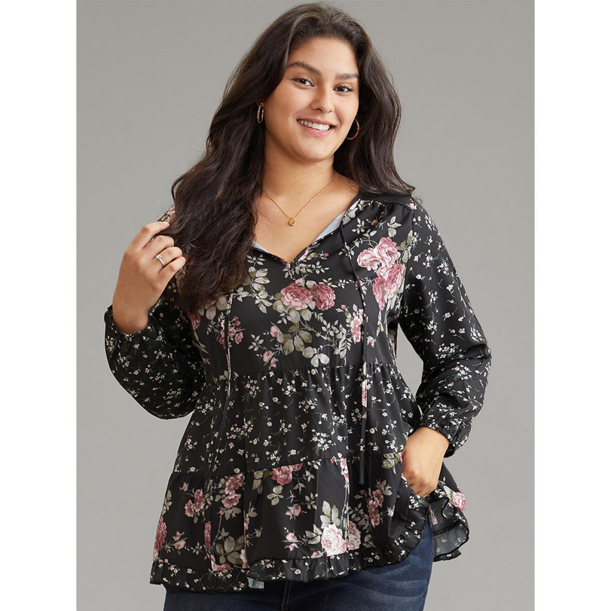 Plus Size Black Floral Knot Neck Lantern Sleeve Ruffle Layered Hem Blouse Women Elegant Long Sleeve Tie Neck Vacation Blouses BloomChic 18-20/2X Product Image