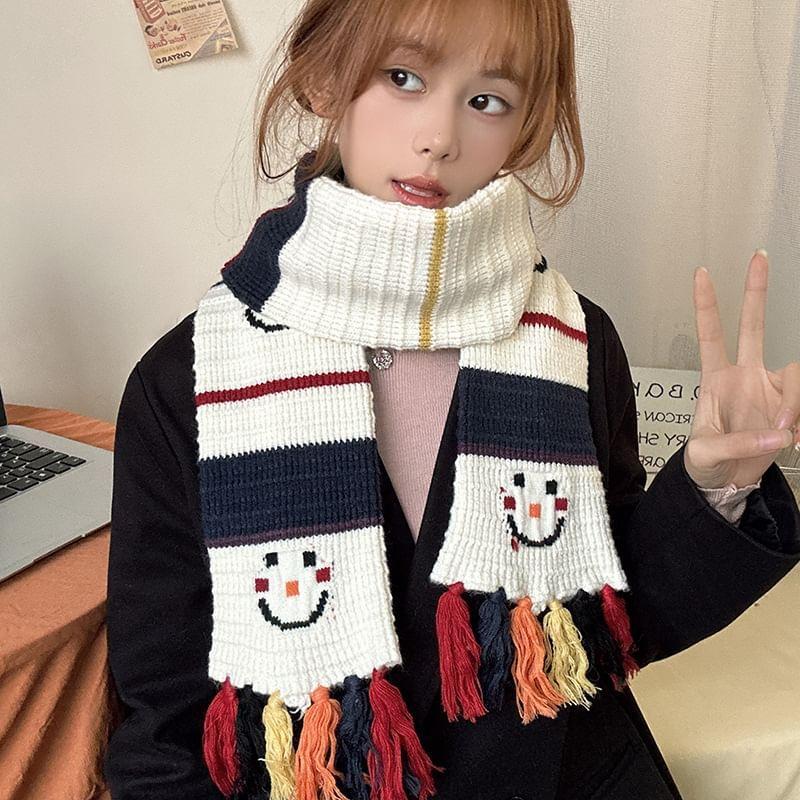 Smiley Embroidered Tassel Light Scarf Product Image