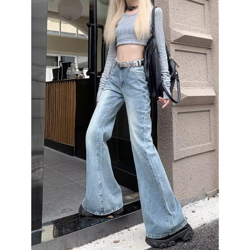 High Waist Washed Flared Jeans Product Image
