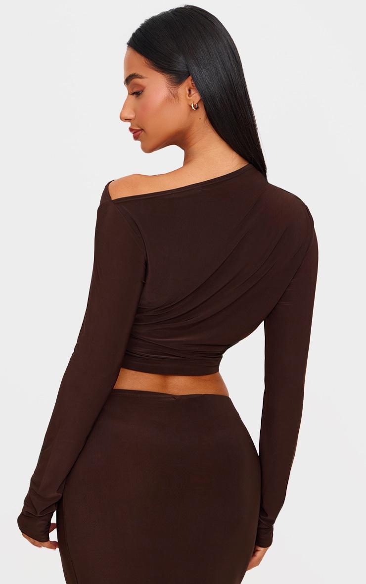 Petite Chocolate Asymmetric Long Sleeve Ruched Top Product Image