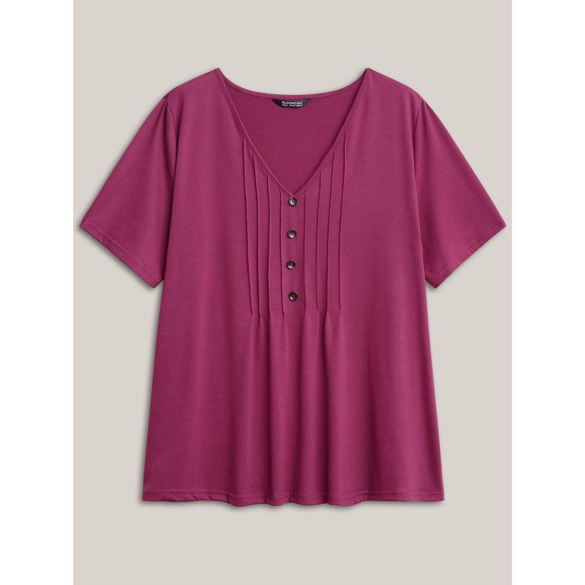 Plus Size Solid Pleated Front Button Detail V Neck T-shirt RedViolet Women Casual Button Plain Everyday T-shirts BloomChic 22-24/3X Product Image