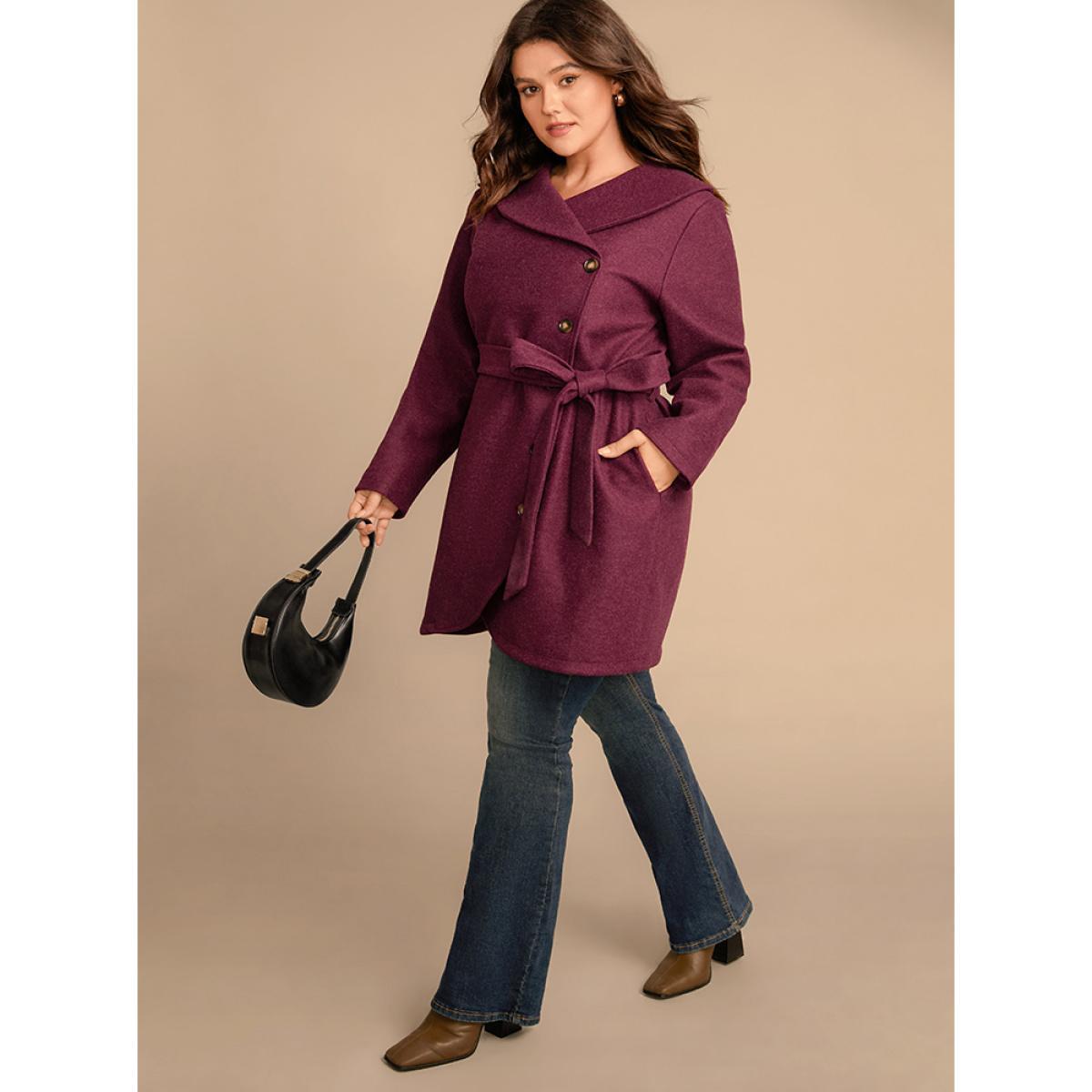 Plus Size Solid Foldover Collar Pocket Asymmetrical Hem Belted Coat Women Burgundy Elegant Cross straps Ladies Dailywear Winter Coats BloomChic 12/L Product Image